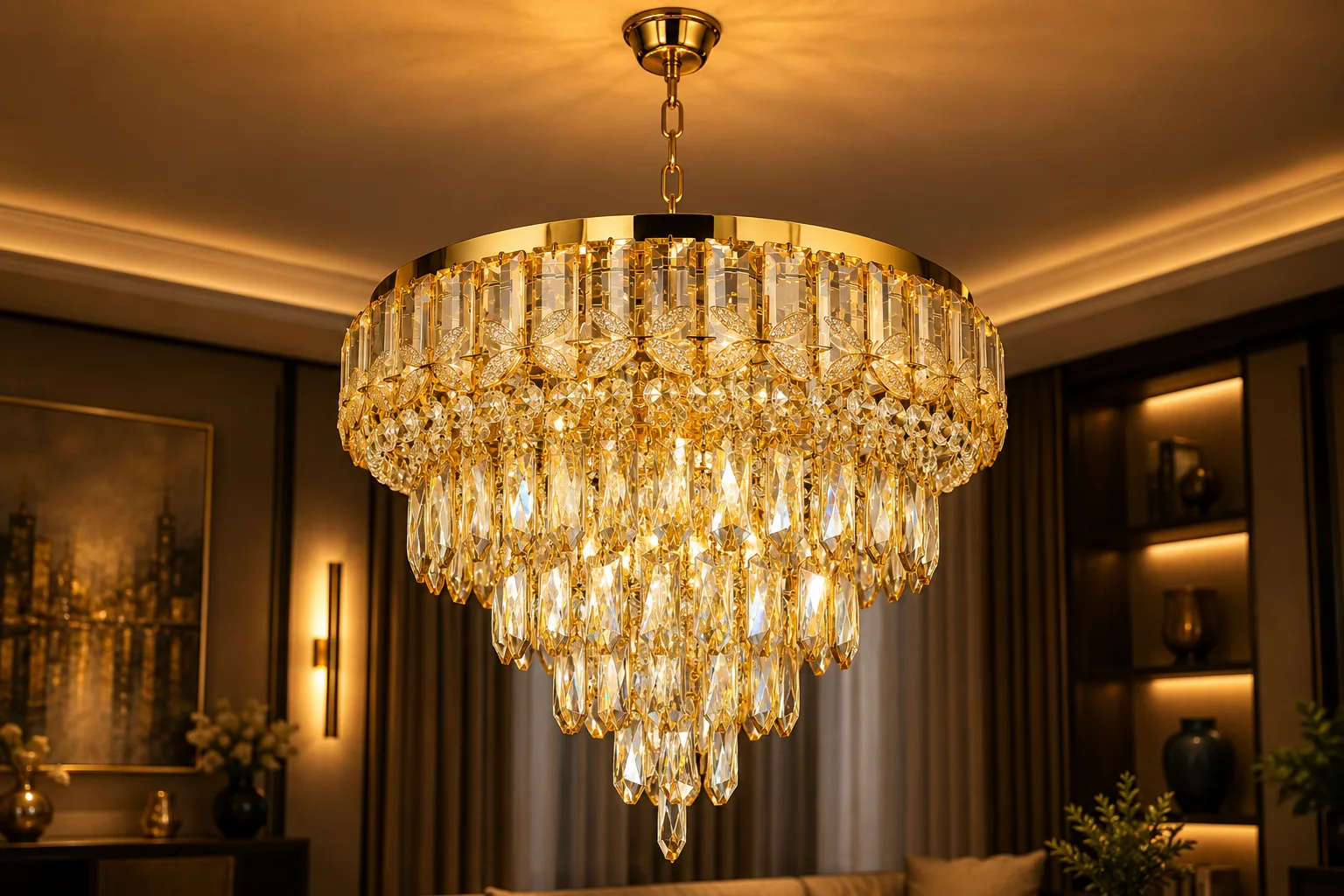 Majestic Tiered Gold Crystal Chandelier