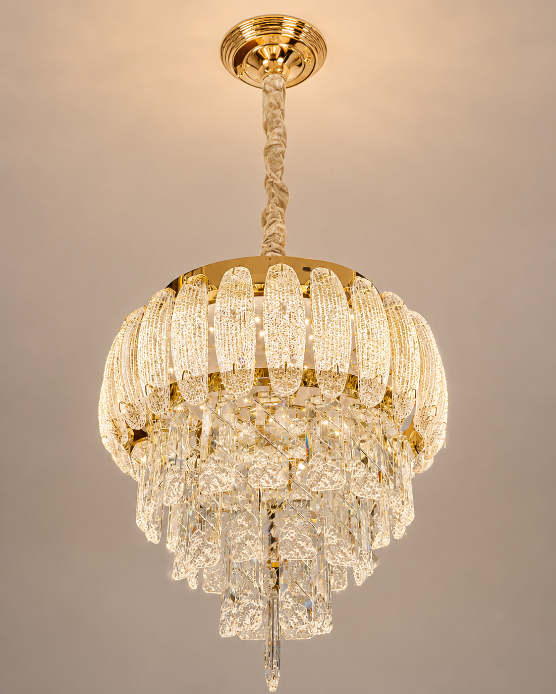 Imperial Radiance Crystal Chandelier with luxury gold frame and premium crystal design for elegant interior lighting.