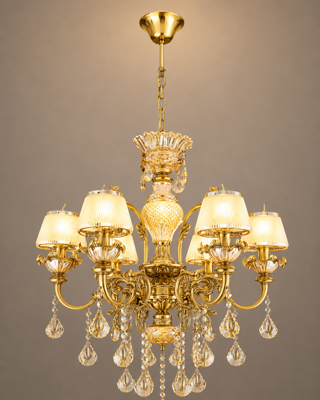 Royal Heritage Crystal Chandelier featuring an ornate gold-finished frame, elegant fabric lampshades, and decorative crystal droplets for luxury interior lighting.