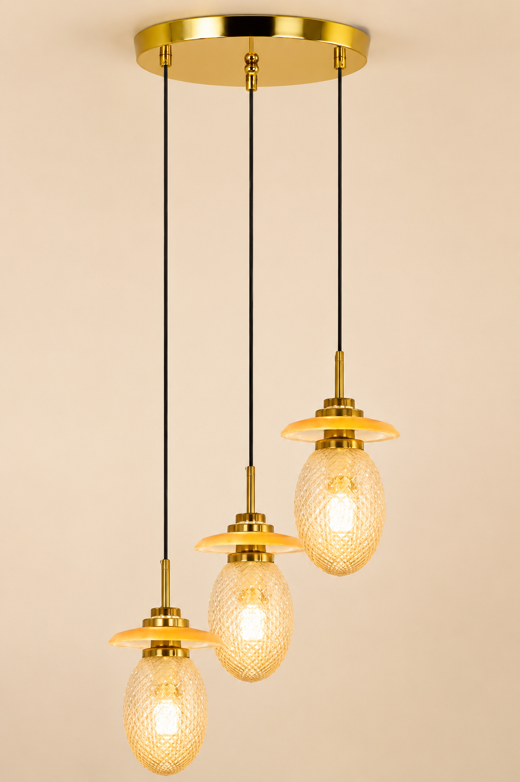 Aurelio Amber Glass Pendant Light – 3-Light Gold Cluster Hanging Lamp