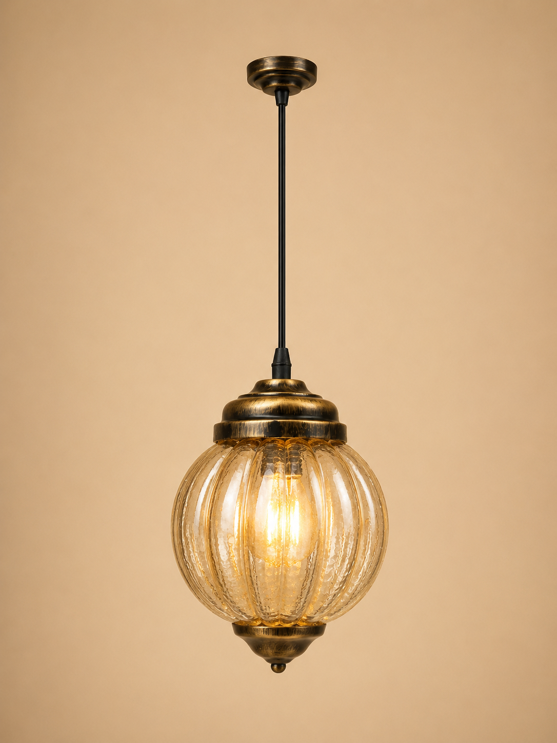 Amber Melon Globe Pendant Light – Vintage Ribbed Glass Hanging Lamp